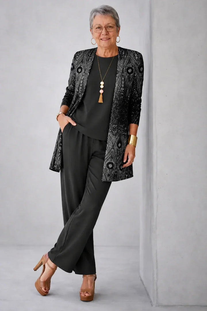 Vera | Conjunto de Tres Piezas Cachemir Negro y Plata
