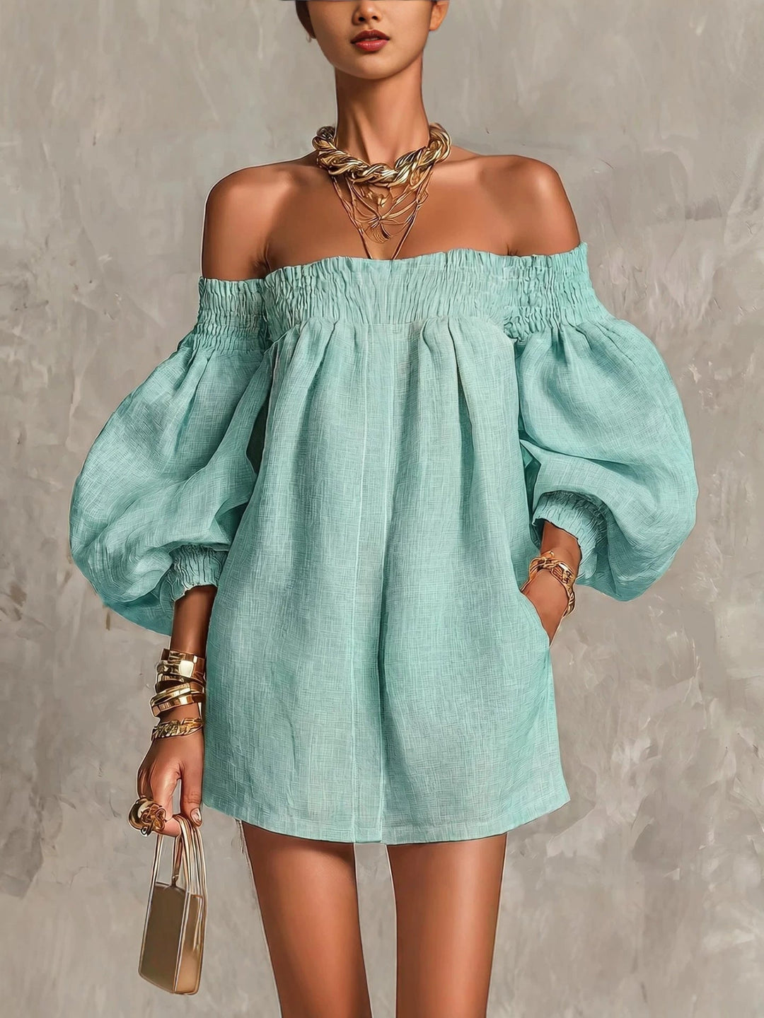 Rosaline | Minivestido de Hombros Descubiertos con Mangas Abullonadas