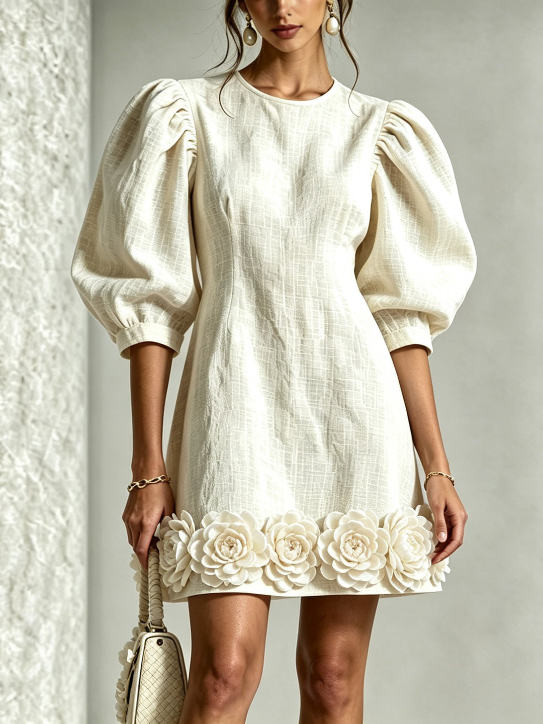 Blanche | Minivestido de Mangas Abullonadas con Bajo Floral