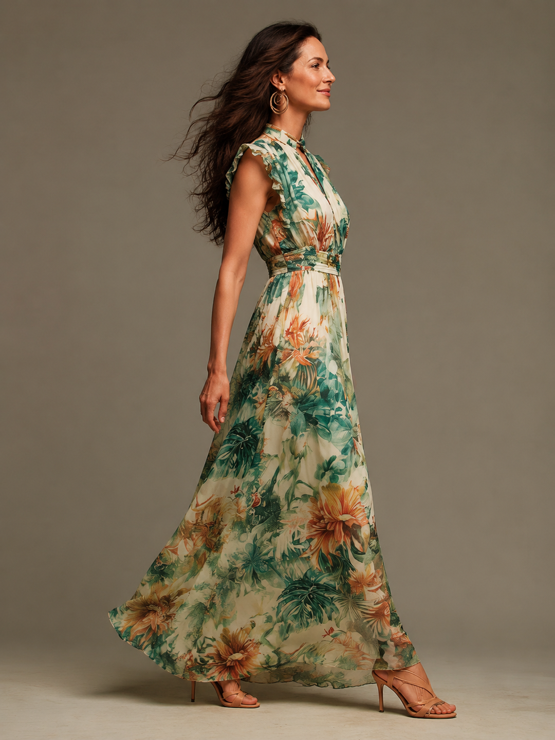 Grace | Vestido de Gasa con Estampado Tropical Pintado