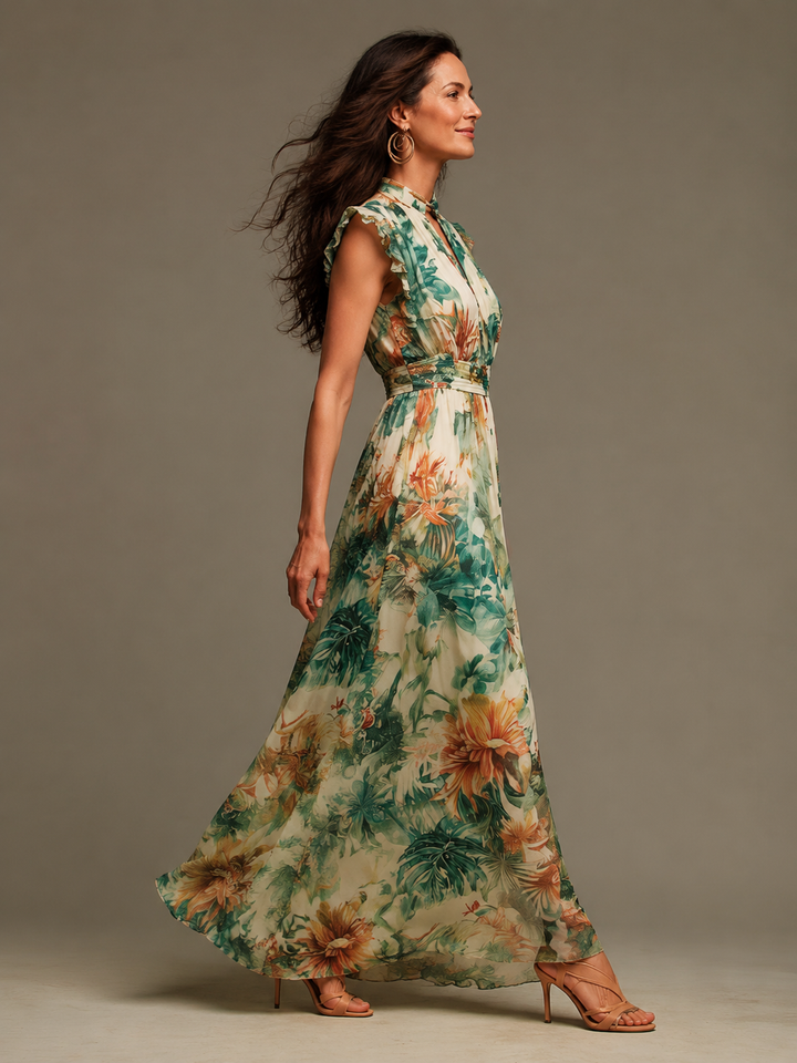 Grace | Vestido de Gasa con Estampado Tropical Pintado