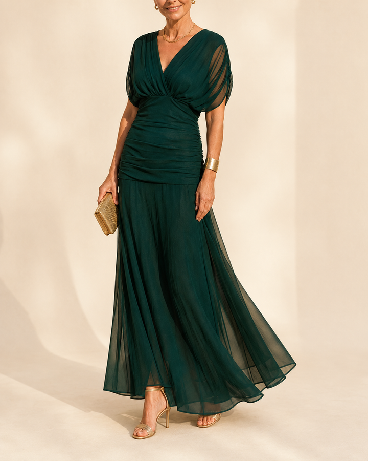 Seraphine | Vestido Midi Fruncido con Mangas Mariposa