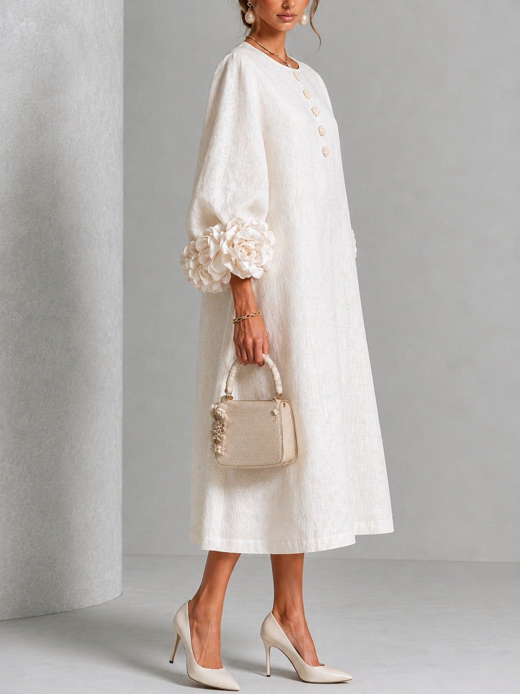 Henrietta | Vestido Midi Abotonado con Puños Florales