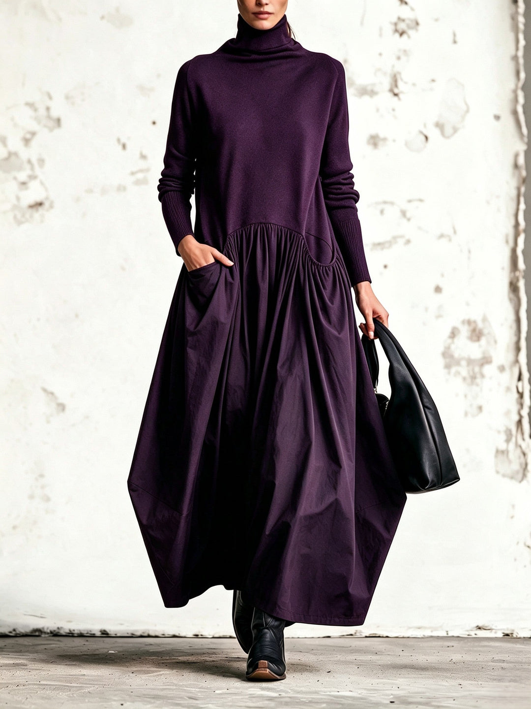 VALERIA | Vestido Largo Oversize de Cuello Alto con Bolsillos
