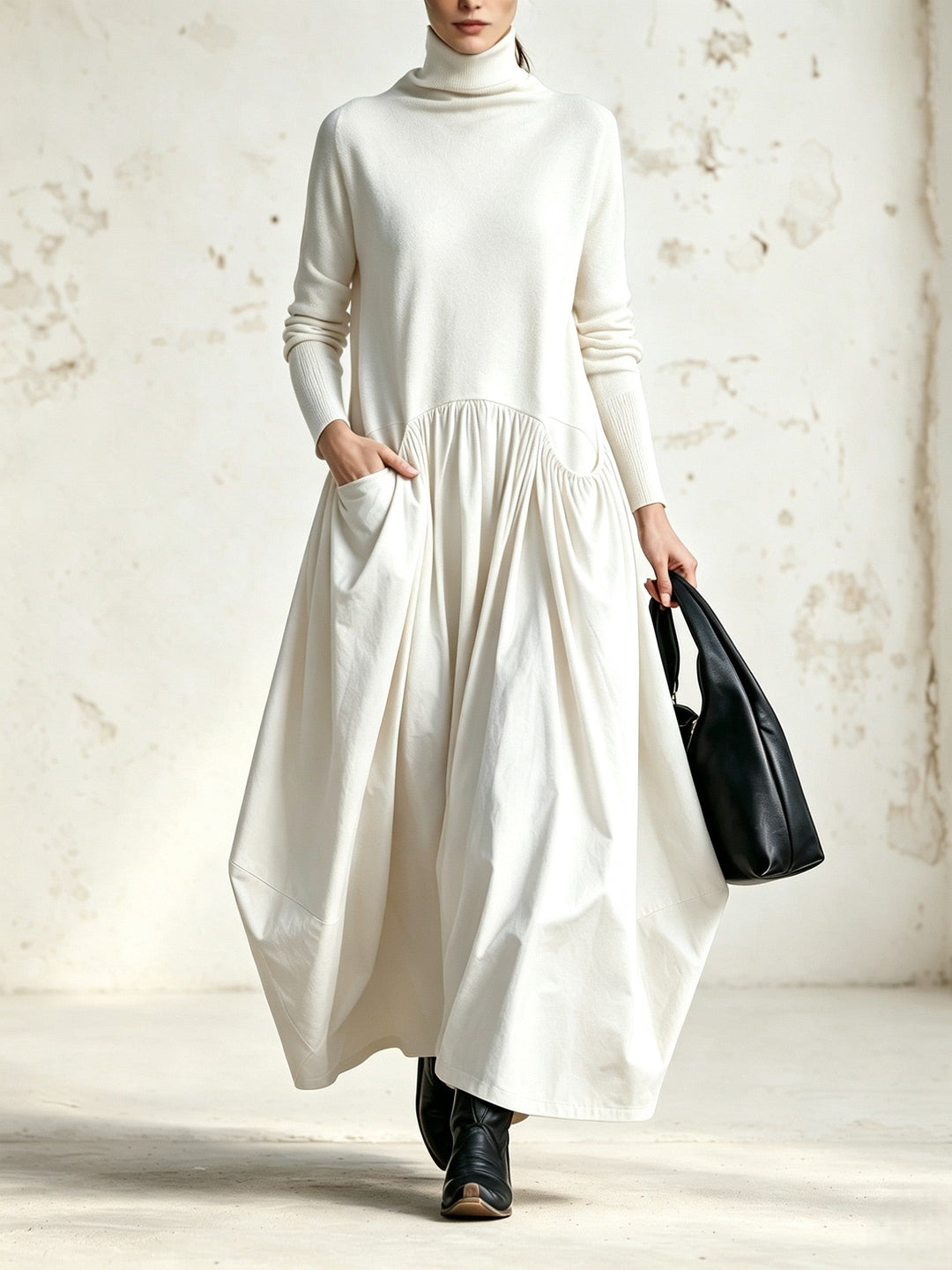 VALERIA | Vestido Largo Oversize de Cuello Alto con Bolsillos