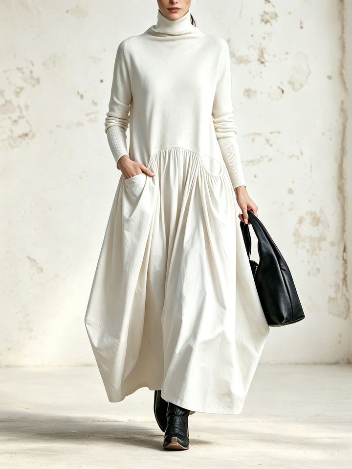 VALERIA | Vestido Largo Oversize de Cuello Alto con Bolsillos