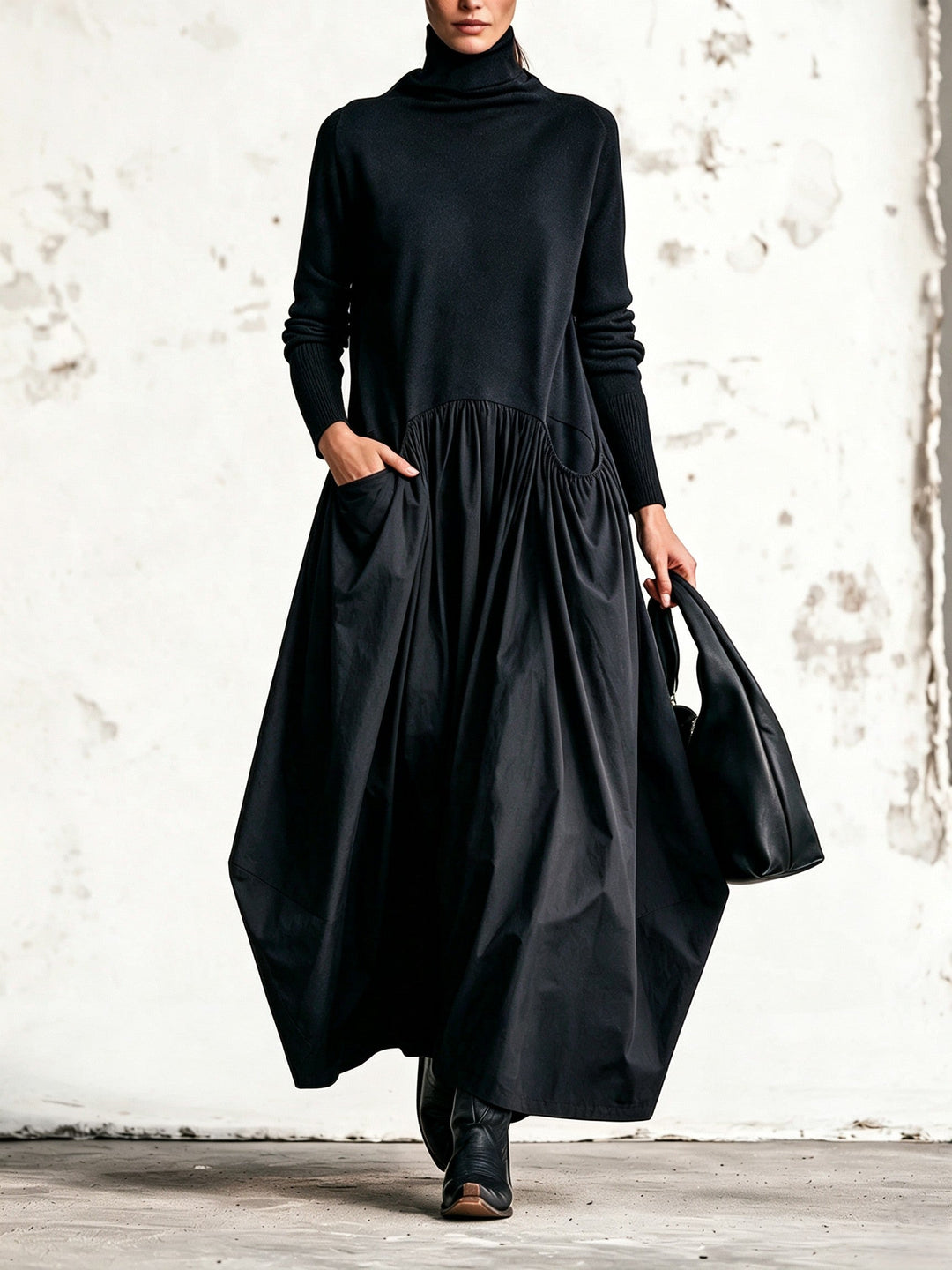VALERIA | Vestido Largo Oversize de Cuello Alto con Bolsillos