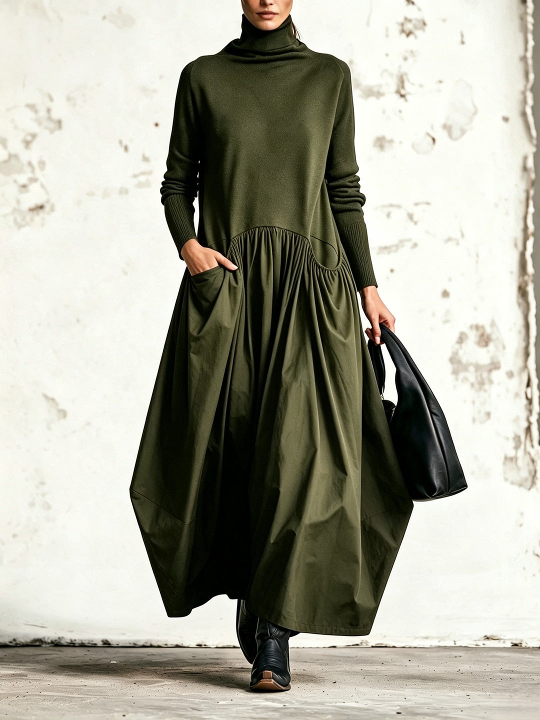 VALERIA | Vestido Largo Oversize de Cuello Alto con Bolsillos