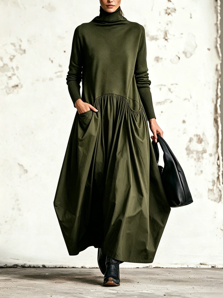 VALERIA | Vestido Largo Oversize de Cuello Alto con Bolsillos