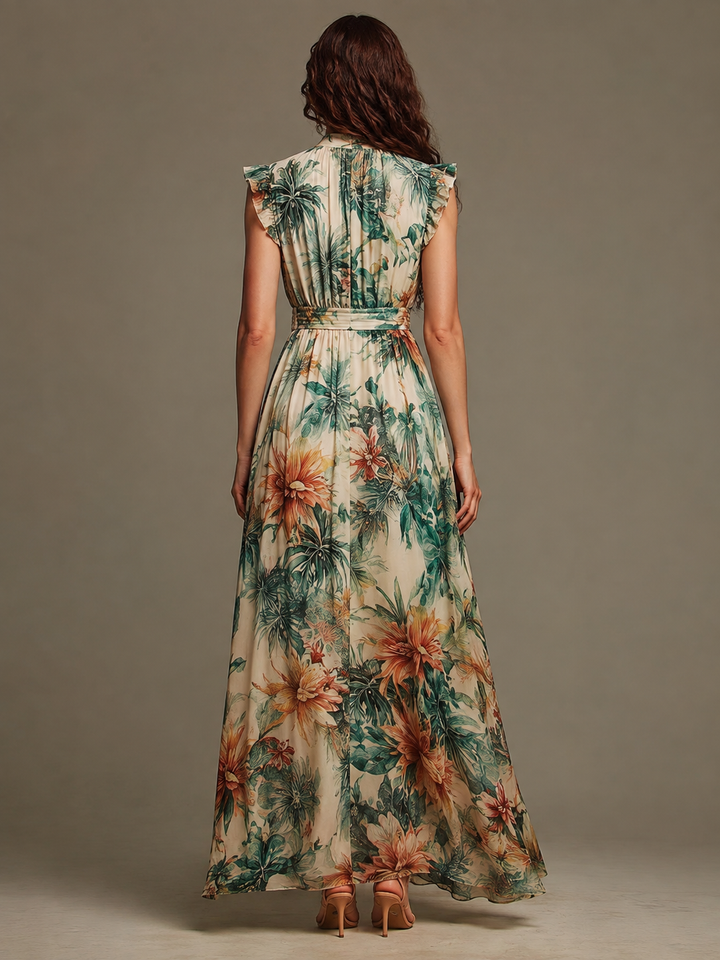 Grace | Vestido de Gasa con Estampado Tropical Pintado