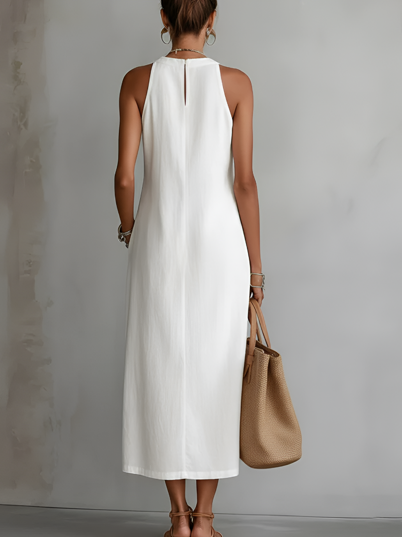 Cecile | Vestido Midi de Lino con Cuello Mao