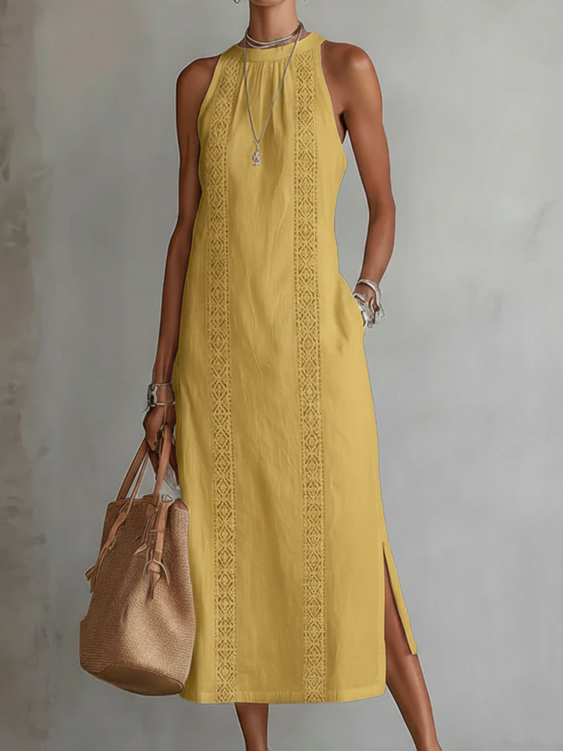 Cecile | Vestido Midi de Lino con Cuello Mao
